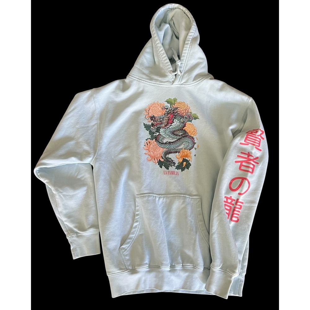 La Familia Men's LG Light Blue Dragon Floral Hoodie Streetwear Japanese Kanji